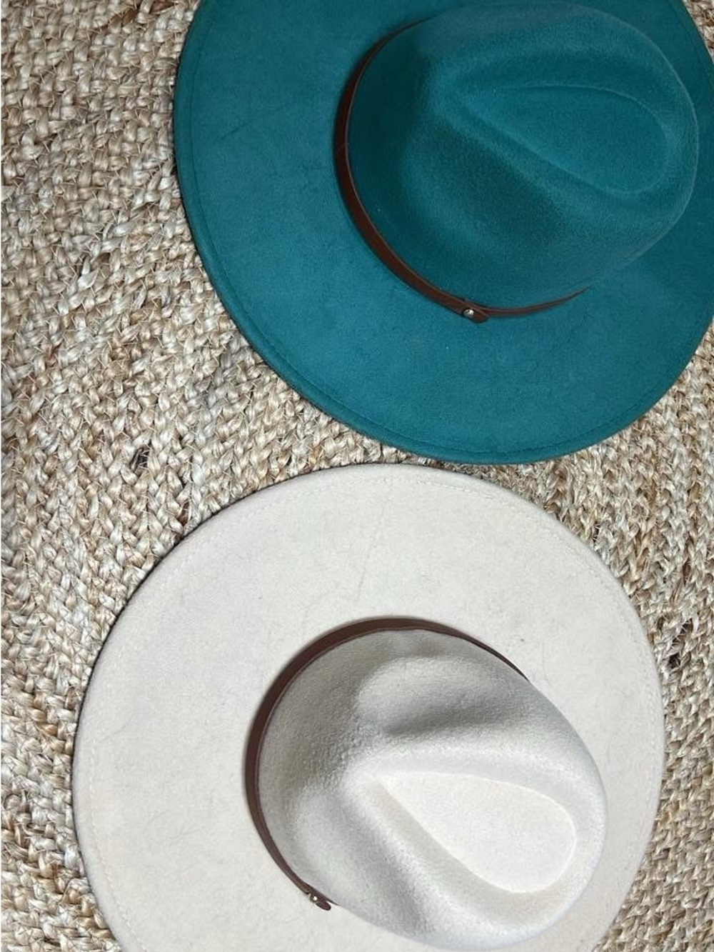 Teal and Cream Wide-Brim Fedora Hats with Brown Band